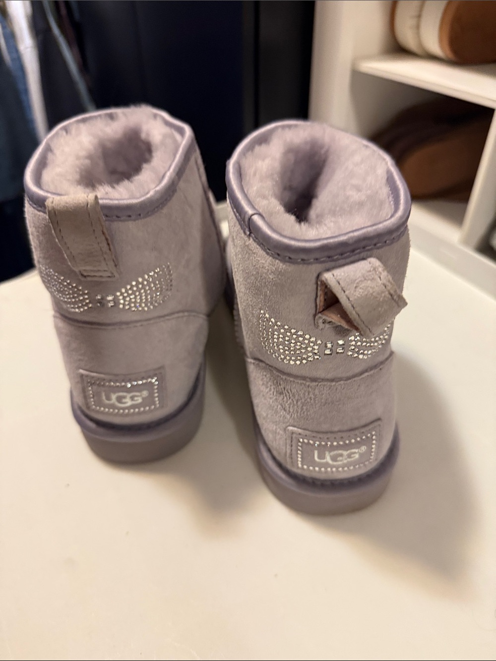 UGG Kids Lavender Suede Mini Boots with Rhinestone Bow